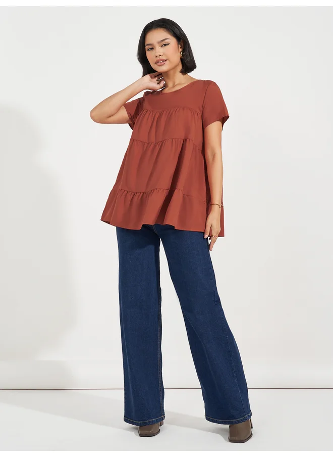 Aria Romance ARIA ROMANCE Solid Round Neck Tiered Detail Top