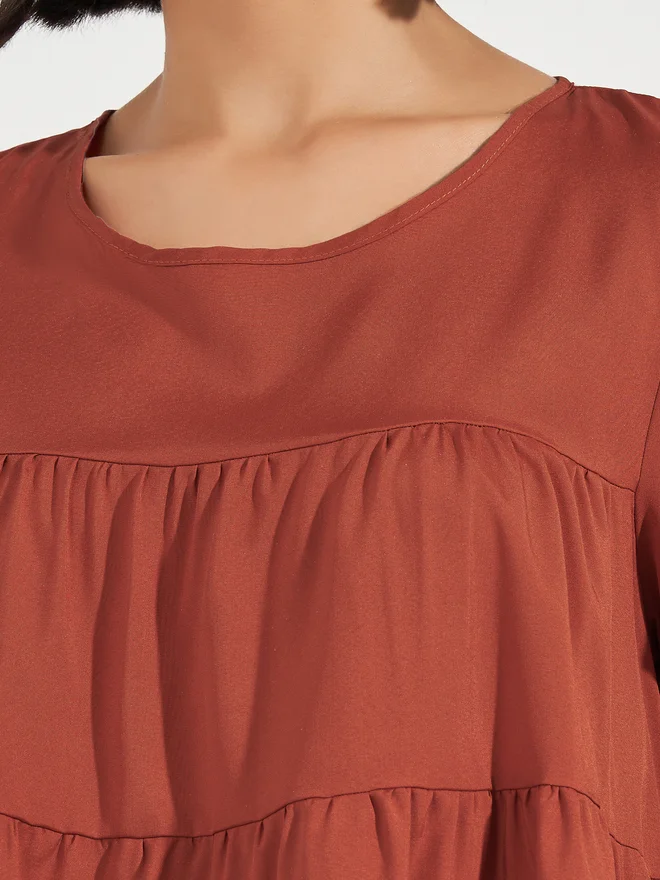 Aria Romance ARIA ROMANCE Solid Round Neck Tiered Detail Top
