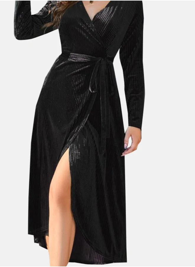 YUNIQEE Black V-Neck Tie Up Wrap Dress