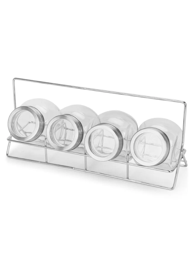 Fissman  4-Piece 195ml Glass Condiment Set with 1 Rack Organizer – Durable Clear Glass Containers for Oil, Vinegar, Sauces, Spices, and Seasonings, Elegant Storage Solution for Kitchen, Dining, and Tabletop Use  | Best Price UAE