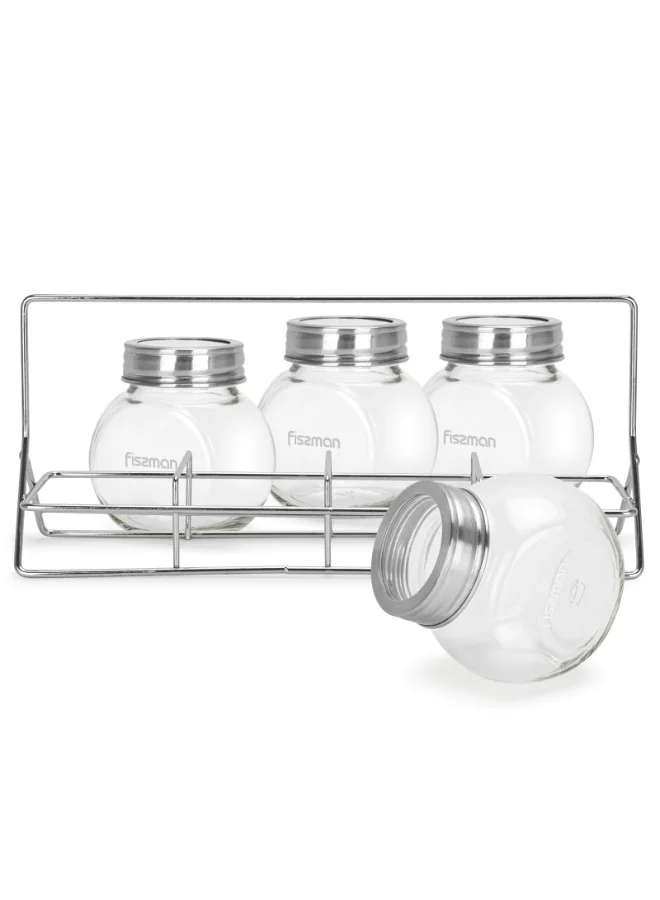 Fissman  4-Piece 195ml Glass Condiment Set with 1 Rack Organizer – Durable Clear Glass Containers for Oil, Vinegar, Sauces, Spices, and Seasonings, Elegant Storage Solution for Kitchen, Dining, and Tabletop Use  | Best Price UAE
