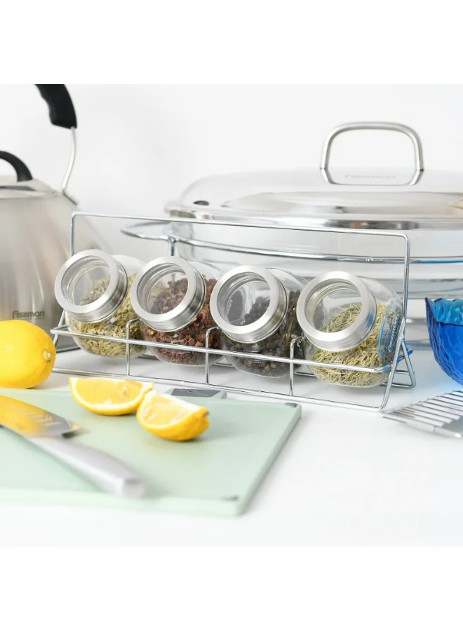 Fissman 4-Piece 195ml Glass Condiment Set with 1 Rack Organizer – Durable Clear Glass Containers for Oil, Vinegar, Sauces, Spices, and Seasonings, Elegant Storage Solution for Kitchen, Dining, and Tabletop Use