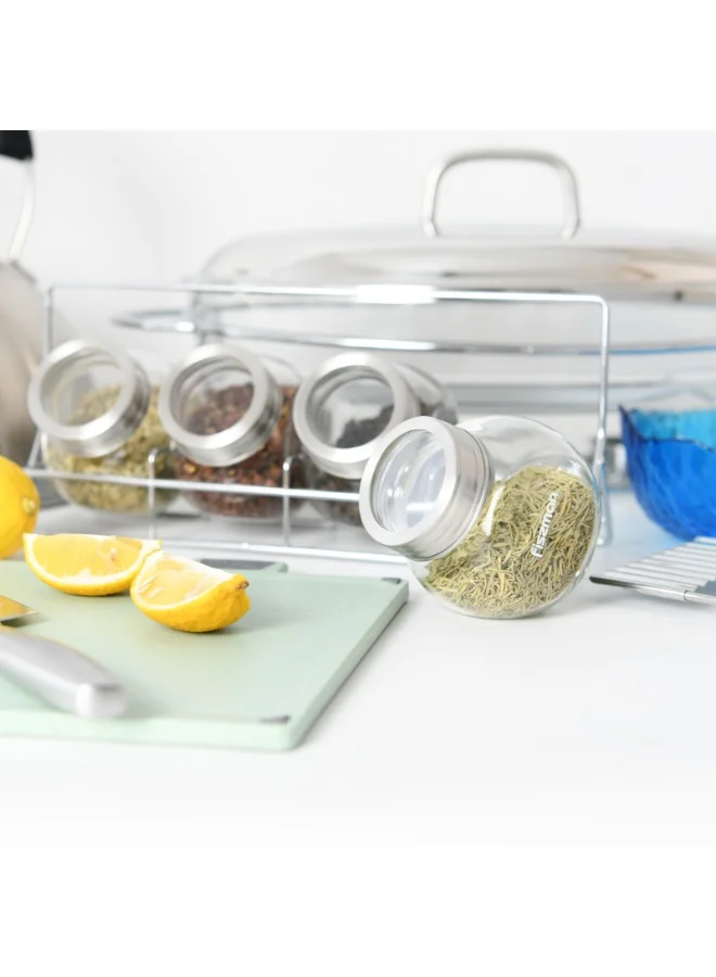Fissman 4-Piece 195ml Glass Condiment Set with 1 Rack Organizer – Durable Clear Glass Containers for Oil, Vinegar, Sauces, Spices, and Seasonings, Elegant Storage Solution for Kitchen, Dining, and Tabletop Use