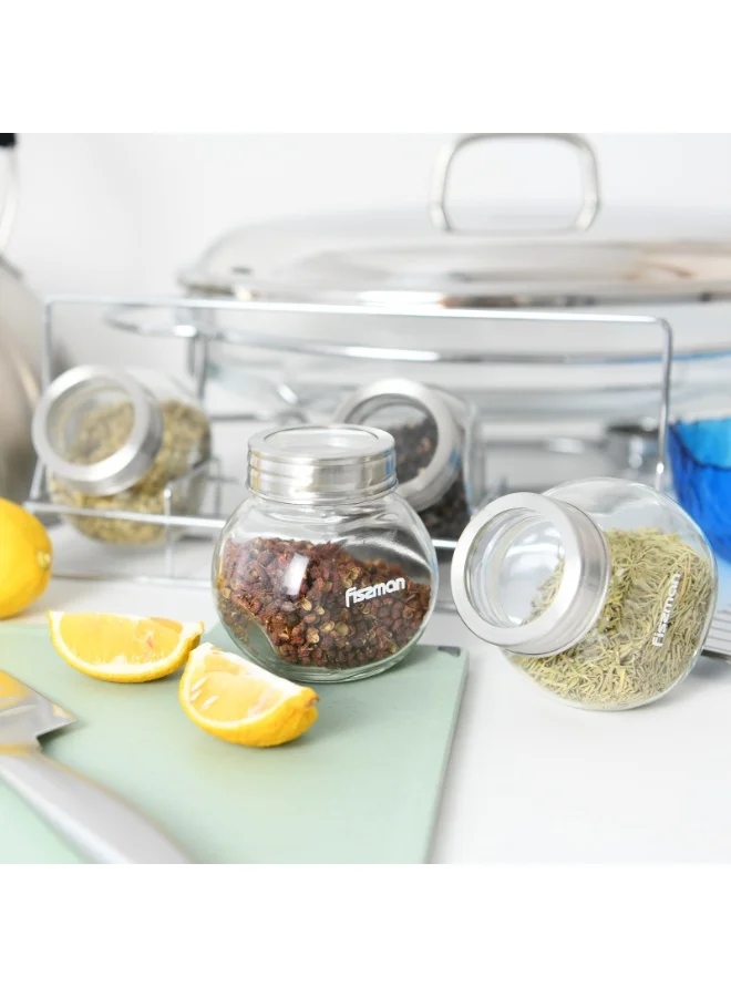 Fissman  4-Piece 195ml Glass Condiment Set with 1 Rack Organizer – Durable Clear Glass Containers for Oil, Vinegar, Sauces, Spices, and Seasonings, Elegant Storage Solution for Kitchen, Dining, and Tabletop Use  | Best Price UAE