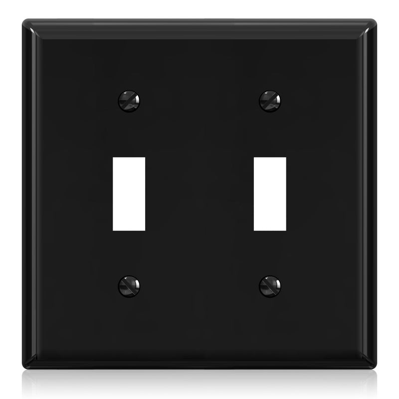 ELEGRP لوحات حائطية لمفاتيح تبديل ثنائية من Elegrp، مقاس قياسي 4.53 بوصة ارتفاع × 4.57 بوصة طول، غطاء لوحة أمامية من البلاستيك الحراري غير قابل للكسر لمفاتيح إضاءة التعتيم، مدرج في قائمة UL (عبوة واحدة، أسود لامع) - Image 1