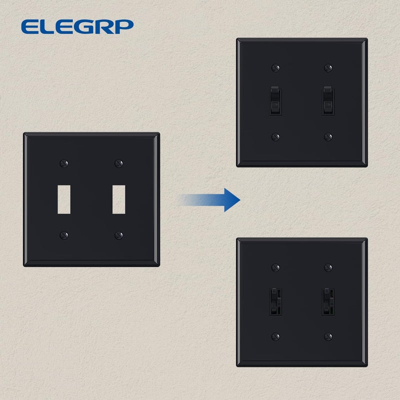 ELEGRP لوحات حائطية لمفاتيح تبديل ثنائية من Elegrp، مقاس قياسي 4.53 بوصة ارتفاع × 4.57 بوصة طول، غطاء لوحة أمامية من البلاستيك الحراري غير قابل للكسر لمفاتيح إضاءة التعتيم، مدرج في قائمة UL (عبوة واحدة، أسود لامع) - Image 3