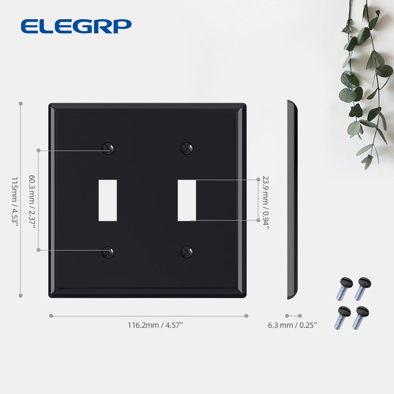 ELEGRP لوحات حائطية لمفاتيح تبديل ثنائية من Elegrp، مقاس قياسي 4.53 بوصة ارتفاع × 4.57 بوصة طول، غطاء لوحة أمامية من البلاستيك الحراري غير قابل للكسر لمفاتيح إضاءة التعتيم، مدرج في قائمة UL (عبوة واحدة، أسود لامع) - Image 4