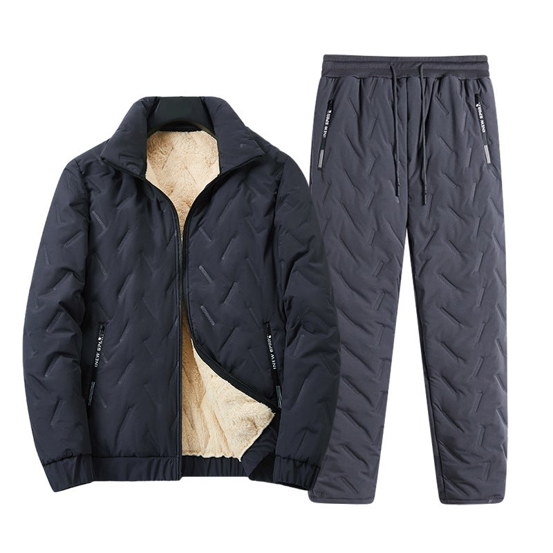 Lamb Down Winter Mens Down Cotton-padded Coat Casual suit Thickened Warm Jacket Cotton-padded Jacket Thickened Two-piece Set gray straight tube