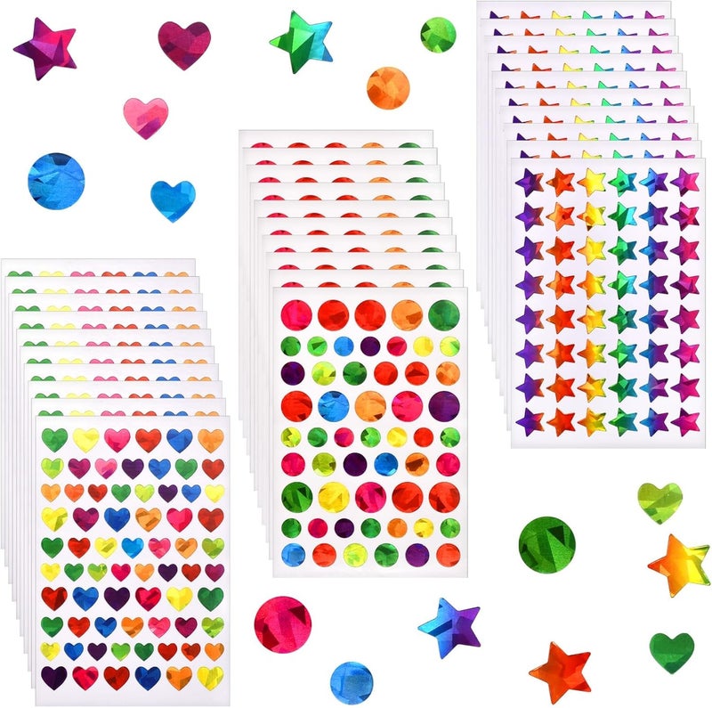 Excefore Sparkly Holographic Star Stickers, 30Pcs Glitter Foil Heart and Round Stickers for Kids Reward, Behavior Chart, Student Planner, Teacher Supplies and DIY Decoration - Image 1