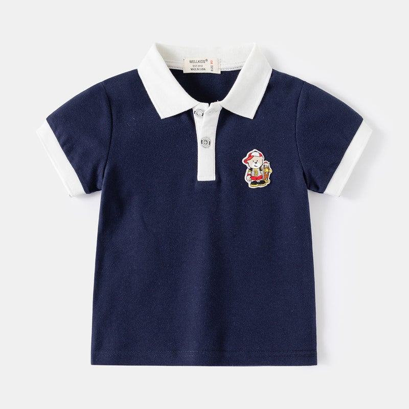 Children'S Short-Sleeved T-Shirt 2024 Summer Korean Children'S Clothing Boy'S Color-Matching Sleeve Short-Sleeved Polo Shirt Baby Cartoon Top - Image 3