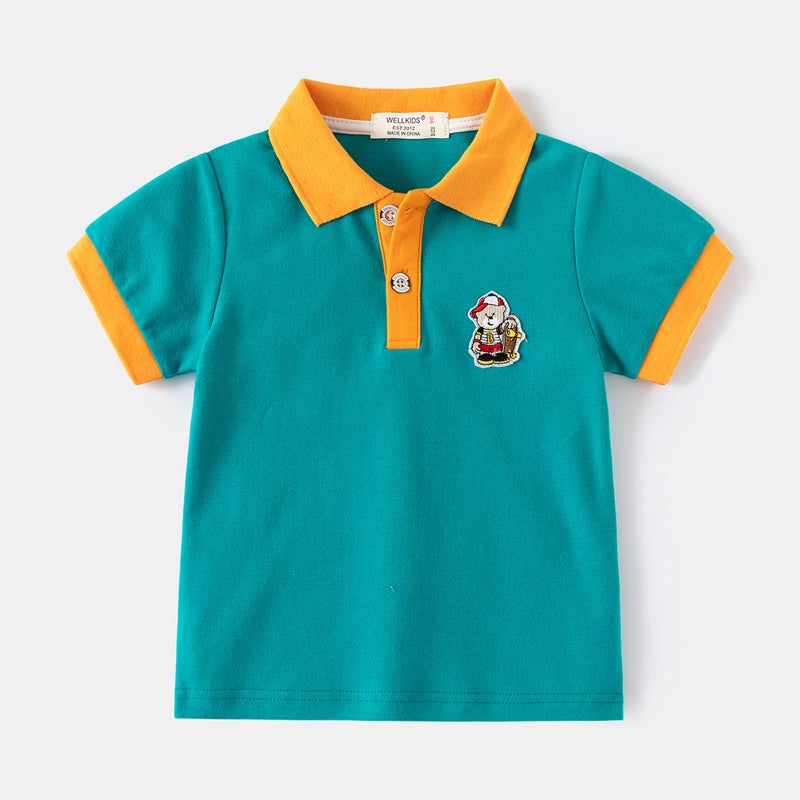 Children'S Short-Sleeved T-Shirt 2024 Summer Korean Children'S Clothing Boy'S Color-Matching Sleeve Short-Sleeved Polo Shirt Baby Cartoon Top - Image 1