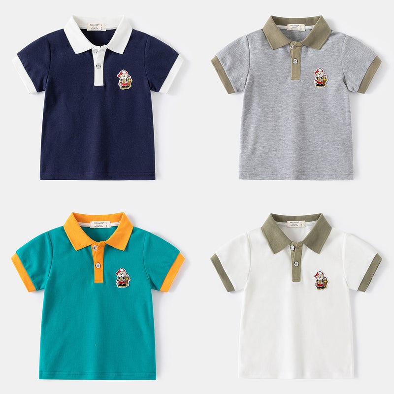 Children'S Short-Sleeved T-Shirt 2024 Summer Korean Children'S Clothing Boy'S Color-Matching Sleeve Short-Sleeved Polo Shirt Baby Cartoon Top - Image 2
