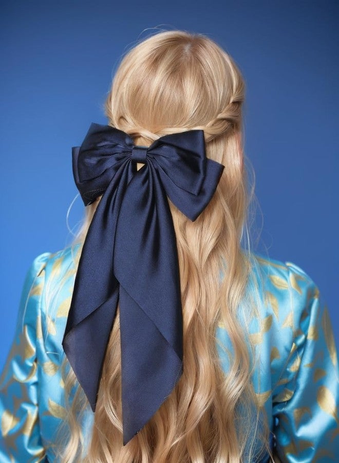 LFOUVRE Satin Bow Barrettes and Long Ribbon Navy Hair Pins for Girls and Women - Party Hair Accessories with Bowknot Hairpins - Image 3