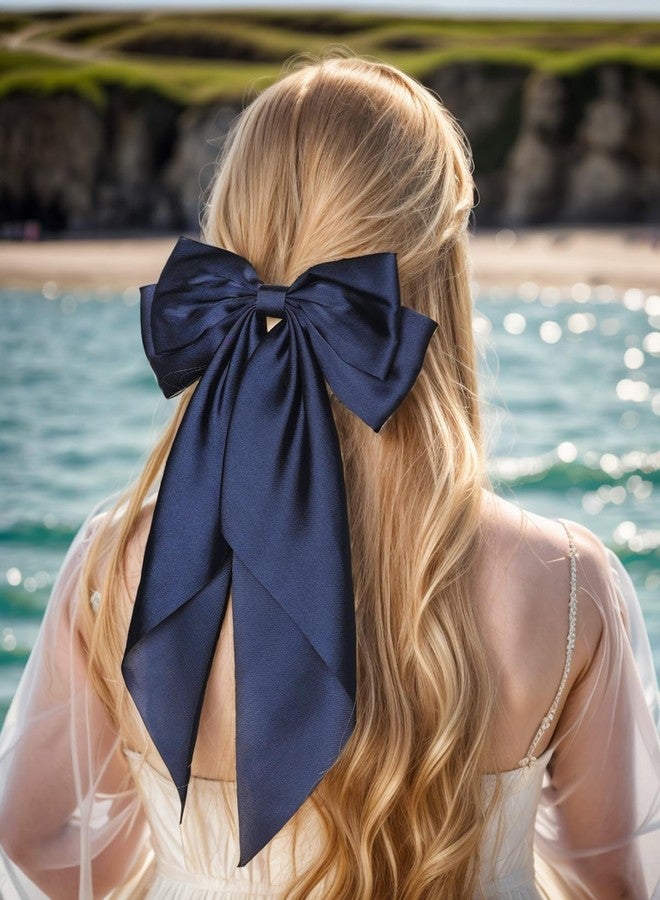 LFOUVRE Satin Bow Barrettes and Long Ribbon Navy Hair Pins for Girls and Women - Party Hair Accessories with Bowknot Hairpins - Image 4