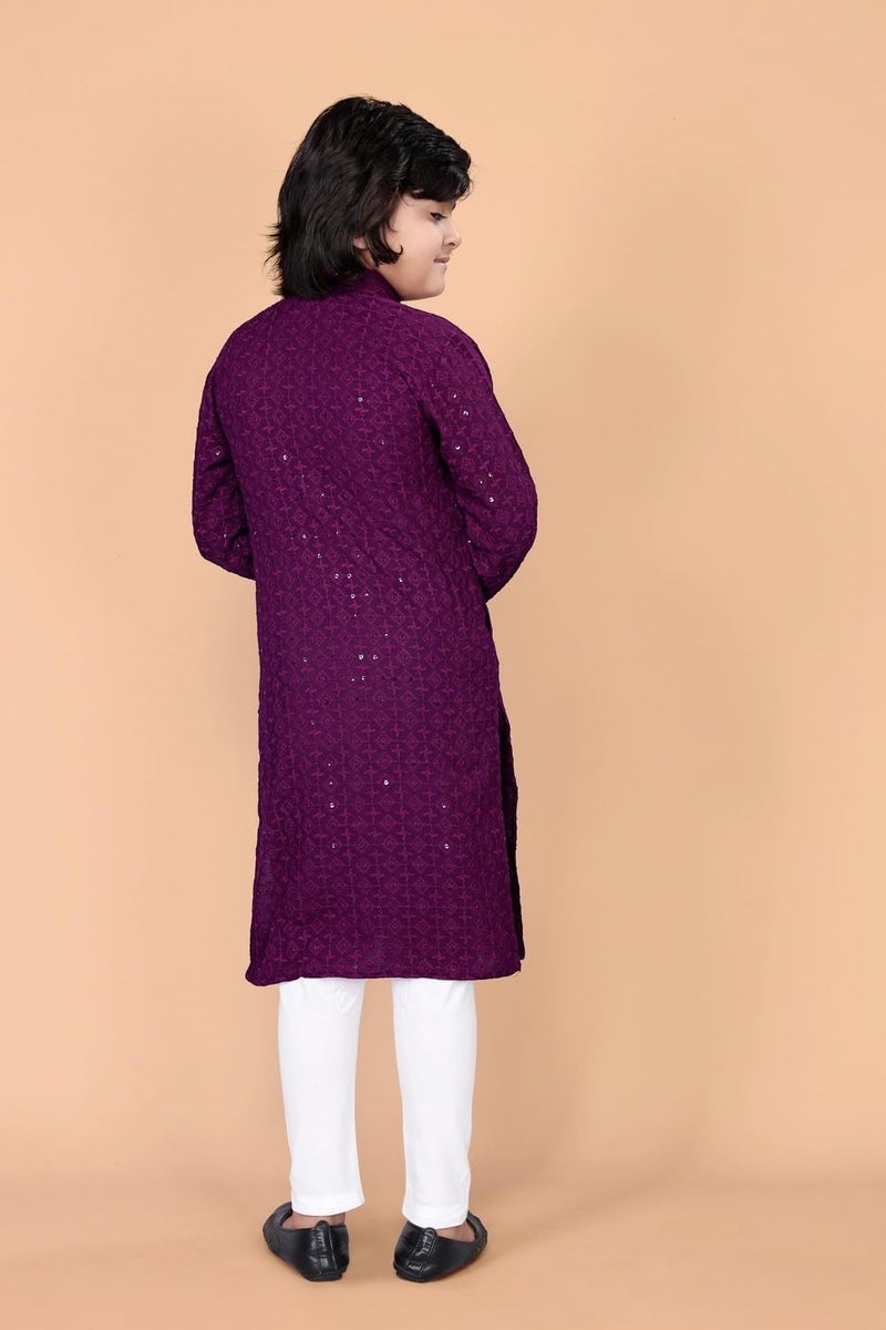FEBVIBE Boys Chikankari Embroidered Cotton Kurta and Pyjama Set |Mandarin Collar Kurta | Schifli Kurta Set Ideal for Wearing Wedding, Diwali and Other Festival - Wine (11-12 Years) - Image 3