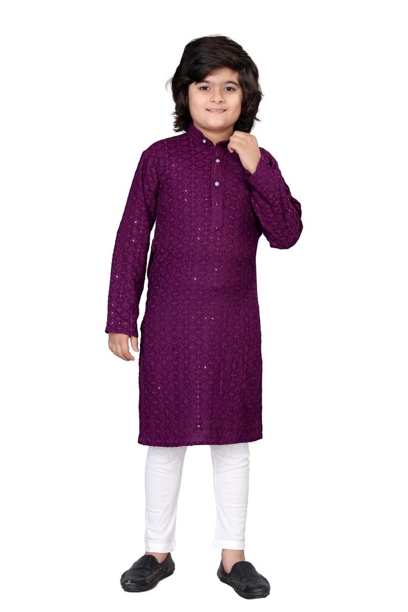 FEBVIBE Boys Chikankari Embroidered Cotton Kurta and Pyjama Set |Mandarin Collar Kurta | Schifli Kurta Set Ideal for Wearing Wedding, Diwali and Other Festival - Wine (11-12 Years) - Image 1
