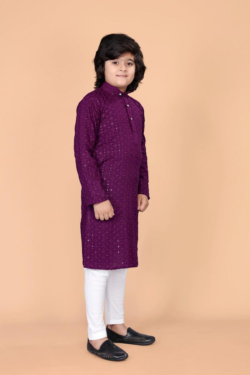 FEBVIBE Boys Chikankari Embroidered Cotton Kurta and Pyjama Set |Mandarin Collar Kurta | Schifli Kurta Set Ideal for Wearing Wedding, Diwali and Other Festival - Wine (11-12 Years) - Image 2