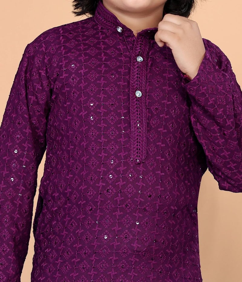 FEBVIBE Boys Chikankari Embroidered Cotton Kurta and Pyjama Set |Mandarin Collar Kurta | Schifli Kurta Set Ideal for Wearing Wedding, Diwali and Other Festival - Wine (11-12 Years) - Image 5