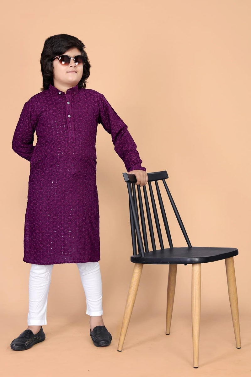 FEBVIBE Boys Chikankari Embroidered Cotton Kurta and Pyjama Set |Mandarin Collar Kurta | Schifli Kurta Set Ideal for Wearing Wedding, Diwali and Other Festival - Wine (11-12 Years) - Image 4