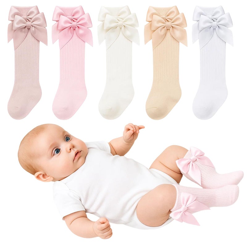 MIRJXB Newborn Knee High Socks Girl, 5 Pairs Soft Cotton Knee High Long Baby Socks for Premature Infants 3-7 lbs Newborn Girls Boys, Ideal for Daily Wear and Special Occasion Gifts - Image 1