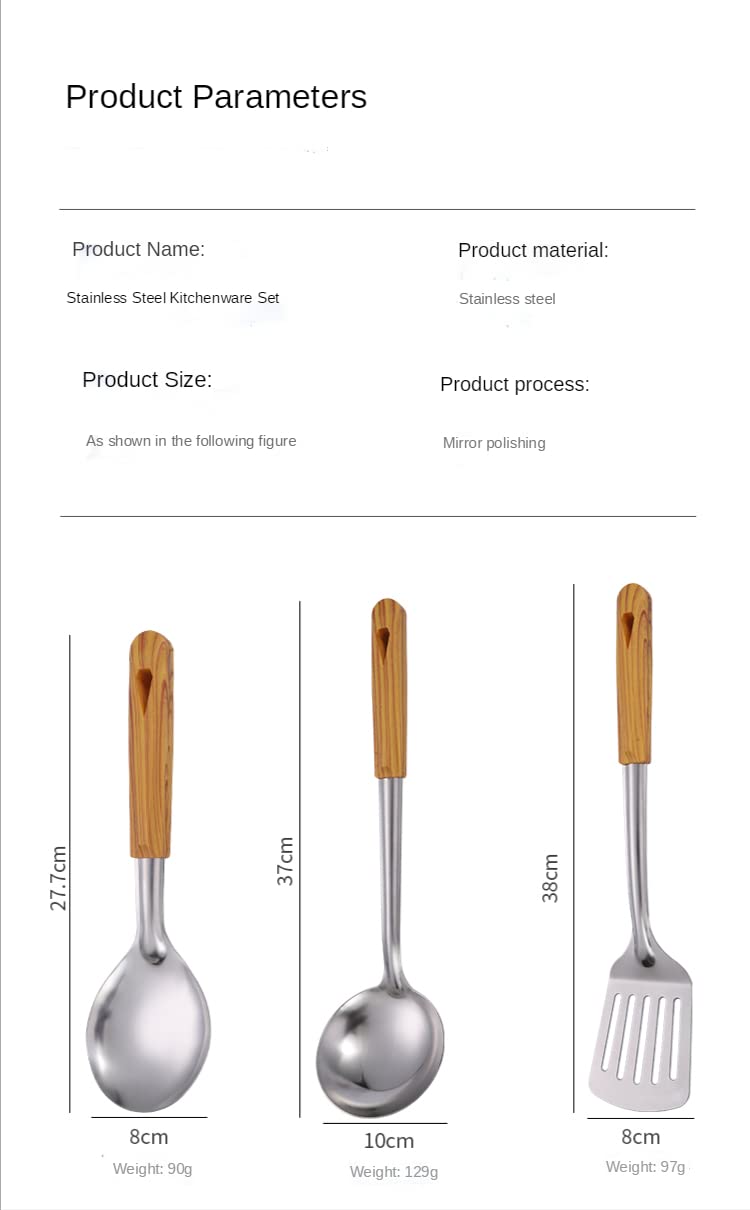 EMNDR EMNDR Stainless Steel Household Cooking Tools Durable Spoon Spatula Colander Shovel Spoon Bracket 304 Stainless Steel kitchen Utensils Set Ladle Pasta Server Set Wooden Handle Kitchenware 6 Pcs Silver  - Image 5