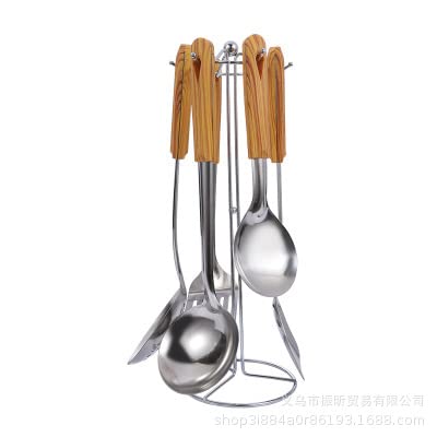 EMNDR EMNDR Stainless Steel Household Cooking Tools Durable Spoon Spatula Colander Shovel Spoon Bracket 304 Stainless Steel kitchen Utensils Set Ladle Pasta Server Set Wooden Handle Kitchenware 6 Pcs Silver  - Image 1