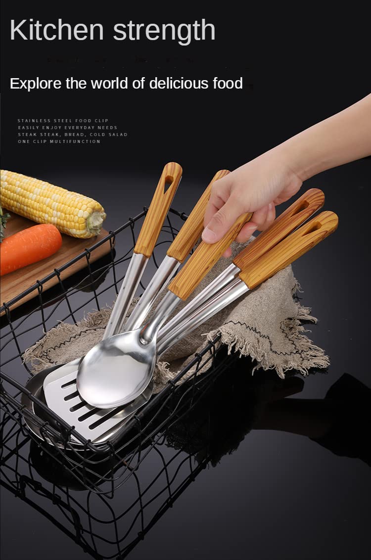 EMNDR EMNDR Stainless Steel Household Cooking Tools Durable Spoon Spatula Colander Shovel Spoon Bracket 304 Stainless Steel kitchen Utensils Set Ladle Pasta Server Set Wooden Handle Kitchenware 6 Pcs Silver  - Image 3