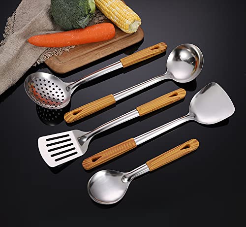 EMNDR EMNDR Stainless Steel Household Cooking Tools Durable Spoon Spatula Colander Shovel Spoon Bracket 304 Stainless Steel kitchen Utensils Set Ladle Pasta Server Set Wooden Handle Kitchenware 6 Pcs Silver  - Image 4