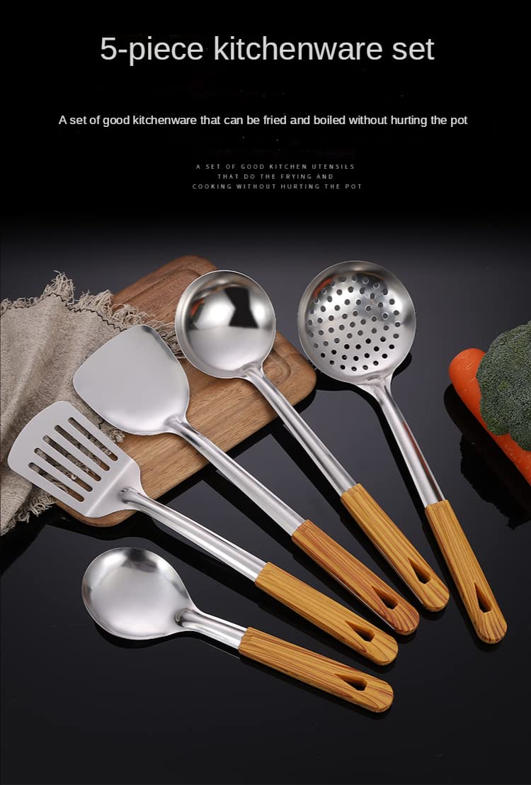 EMNDR EMNDR Stainless Steel Household Cooking Tools Durable Spoon Spatula Colander Shovel Spoon Bracket 304 Stainless Steel kitchen Utensils Set Ladle Pasta Server Set Wooden Handle Kitchenware 6 Pcs Silver  - Image 2