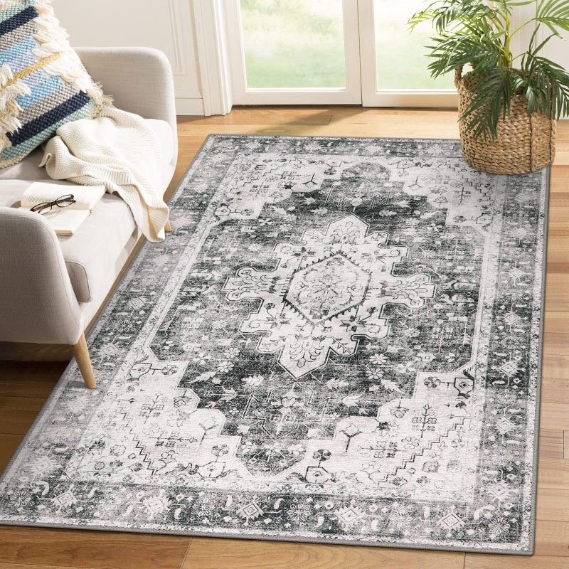 Moynesa UltraThin Washable Area Rug 4x6 Grey Living Room Rug Oriental Entryway Mat Non Slip Non Shedding Pet Friendly Bedroom Carpet for Apartment Office Entrance Kitchen