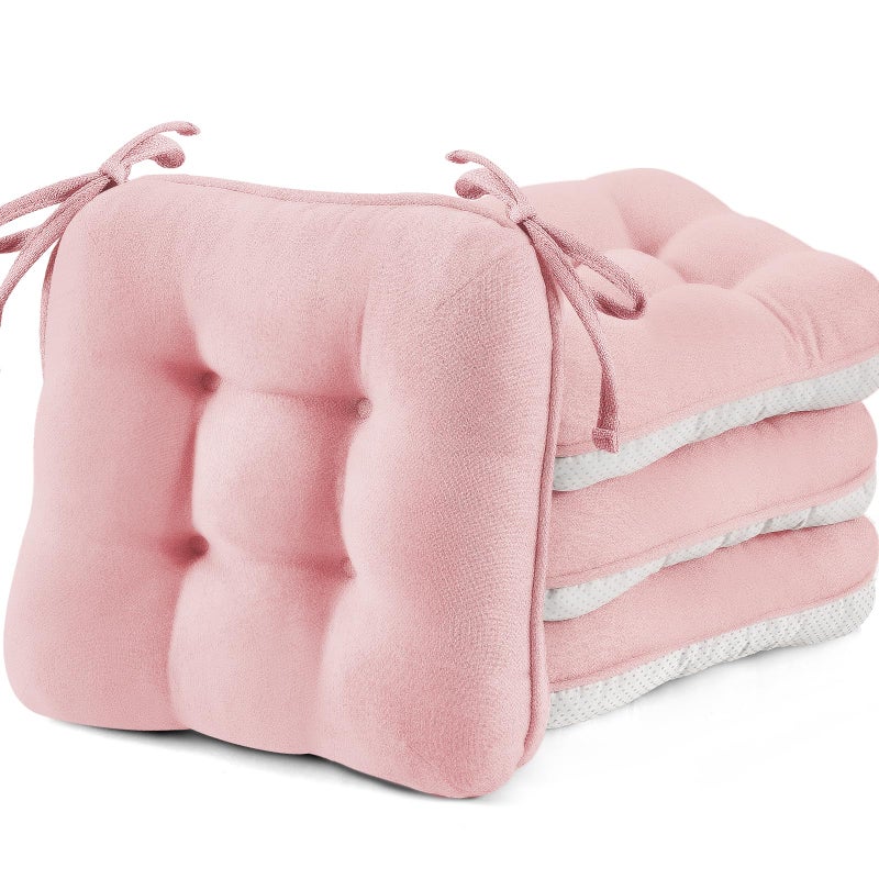 BETU Pink Chair Cushions for Dining Chairs Set of 4,3.5" Thick Kitchen Table Chair Pads with Ties,Non Slip Backing and Covers, Seat Cushion for Dining Room,Bar,Patio Chairs,16"X16"X3.5",Pink - Image 1