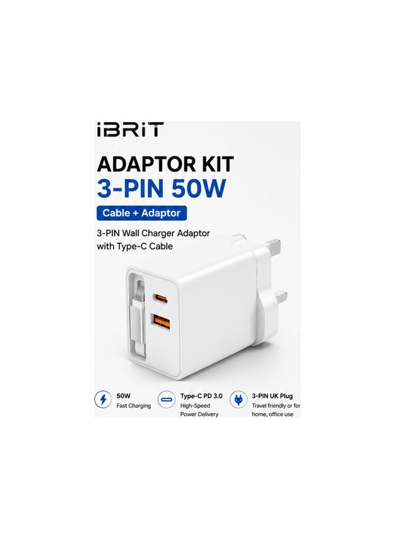 إبريت طقم محول iBRIT ثلاثي السنون 50 واط، شاحن حائط سريع USB-C PD3.0 مع كابل Type-C مدمج، منفذ USB-A QC3.0، شاحن بمنفذين، قابس بريطاني ثلاثي السنون، شاحن مدمج للسفر، أبيض - Image 4