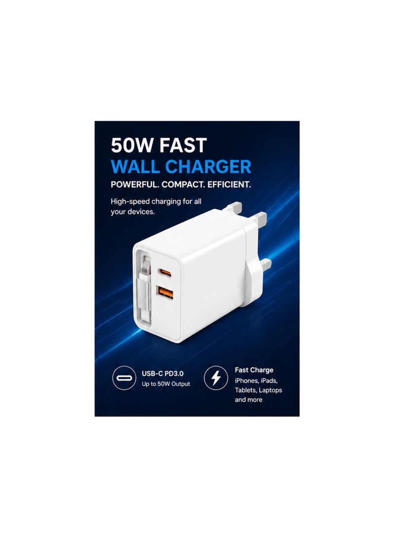إبريت طقم محول iBRIT ثلاثي السنون 50 واط، شاحن حائط سريع USB-C PD3.0 مع كابل Type-C مدمج، منفذ USB-A QC3.0، شاحن بمنفذين، قابس بريطاني ثلاثي السنون، شاحن مدمج للسفر، أبيض - Image 3