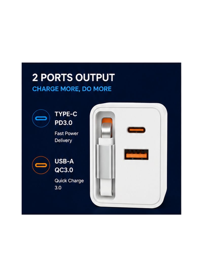 إبريت طقم محول iBRIT ثلاثي السنون 50 واط، شاحن حائط سريع USB-C PD3.0 مع كابل Type-C مدمج، منفذ USB-A QC3.0، شاحن بمنفذين، قابس بريطاني ثلاثي السنون، شاحن مدمج للسفر، أبيض - Image 2