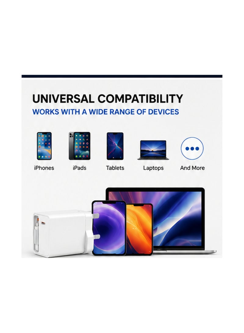 إبريت طقم محول iBRIT ثلاثي السنون 50 واط، شاحن حائط سريع USB-C PD3.0 مع كابل Type-C مدمج، منفذ USB-A QC3.0، شاحن بمنفذين، قابس بريطاني ثلاثي السنون، شاحن مدمج للسفر، أبيض - Image 1