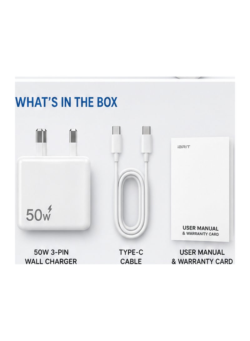 إبريت طقم محول iBRIT ثلاثي السنون 50 واط، شاحن حائط سريع USB-C PD3.0 مع كابل Type-C مدمج، منفذ USB-A QC3.0، شاحن بمنفذين، قابس بريطاني ثلاثي السنون، شاحن مدمج للسفر، أبيض - Image 5
