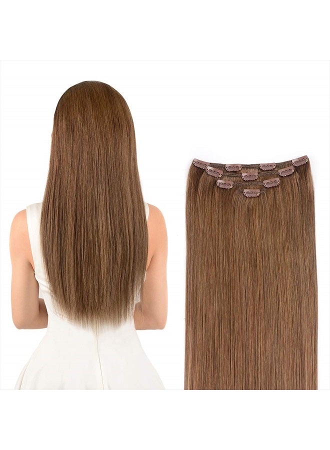 Winsky 20" Clip in Hair Extensions Remy Human Hair for Women - Silky Straight Long Human Hair Clip on Extensions 75grams 4pieces Ash Brown Color - Image 1