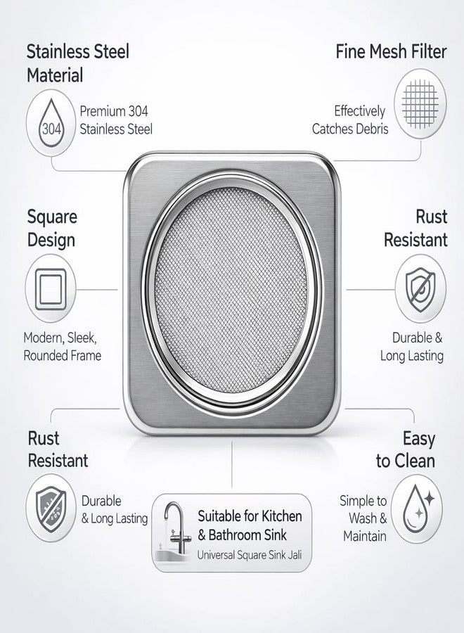 finality Square Sink Strainer Steel, Stainless Steel Kitchen Sink Drain Filter, Drain Cover Mesh, Sink Drain Cover for Kitchen & Bathroom, Wash Basin Strainer, 1 Piece - Image 2