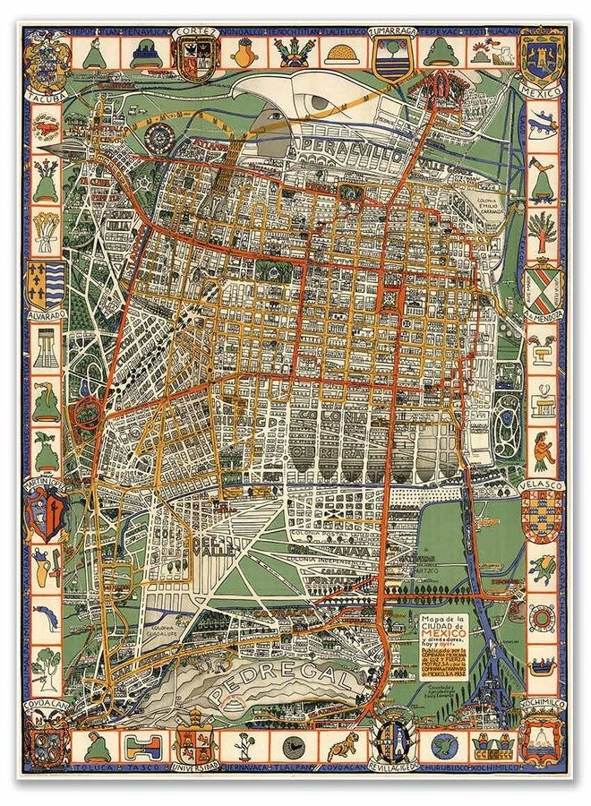 خرائط قديمة لمدينة مكسيكو - مكسيكو سيتي حوالي عام 1932 | ملصق فني مطبوع لتزيين الجدران | 24 × 32 بوصة (610 × 813 مم) - Image 1