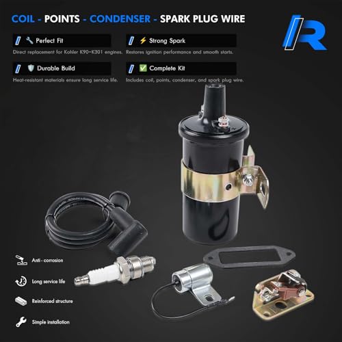 RHAOCZIYAUTO Ignition Coil, Points, Condenser, Spark Plug & Wire, Fit for Kohler K-Series Tractor Engine K90 K91 K141 K161 K181 K241 K301 K321 K341 K361 K482 K532 K582 Replace# 47 150 01-S, 230722-S - Image 3