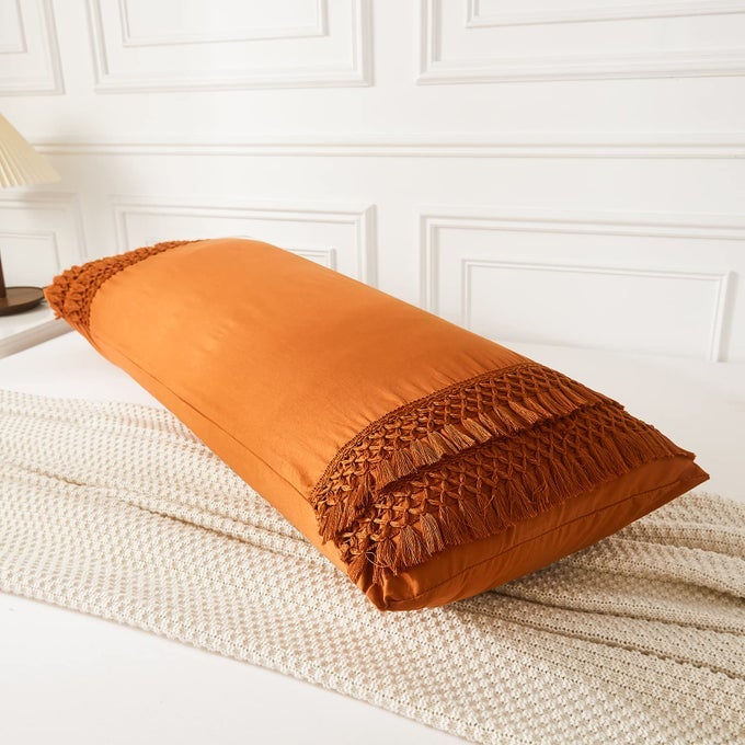 BURNT ORANGE BODY PILLOW COVER MACRAME GRID TASSEL BODY PILLOW CASE COVER BOHO CHIC DECORATIVE BODY PILLOW COVER 20X54 SOFT WASHED MICROFIBER RUST BODY PILLOW PILLOWCASE FOR BED