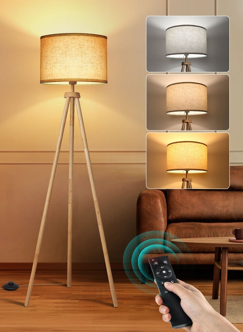 OUTON Solid Wooden Tripod Floor Lamp, Standing Lamp with Remote Control, Dimmable & 4 Color Temperatures, 1H Timer, Floor Lamp with Power-off Memory Function Linen Shade for Living Room Bedroom Office - Image 1