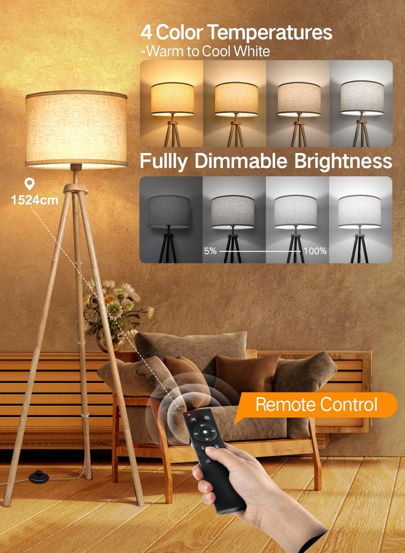 OUTON Solid Wooden Tripod Floor Lamp, Standing Lamp with Remote Control, Dimmable & 4 Color Temperatures, 1H Timer, Floor Lamp with Power-off Memory Function Linen Shade for Living Room Bedroom Office - Image 2