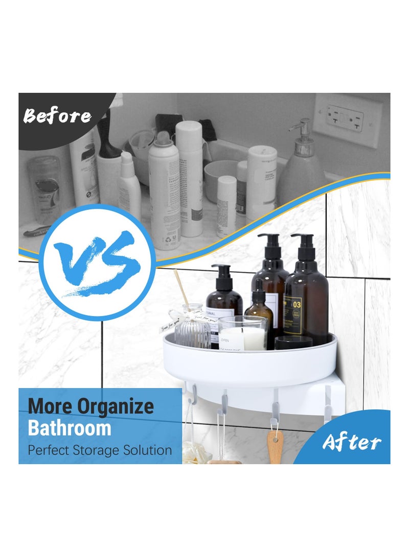 SOLARAE Corner Shower Caddy, 360° Rotate Shower Organizer Shelves with 5 Hooks, Drill-Free Removable, Bathroom Shower Shelf Kitchen Storage Basket Wall Mounted Storage Rack, Grey & White (1 Pack) - Image 3