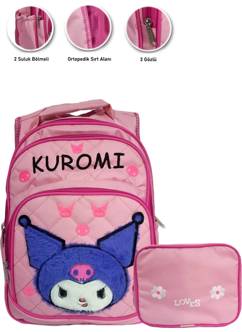 Masho Trend 3 Compartment Furry Kuromi Primary School Bag + Lunch - Kuromi Primary School Girl Bag