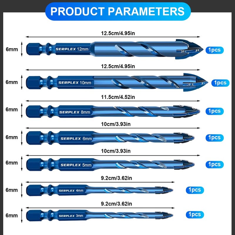 Serplex طقم مثاقب كربيد الأسمنت 8 قطع، 6 مم/8 مم/10 مم/12 مم لمثاقب البناء للخرسانة، الطوب، الحجر، البلاط السيراميكي، الزجاج، رأس مائل عالي الصلابة 1/4'' سداسي غير متوازن مثاقب دوارة - Image 2