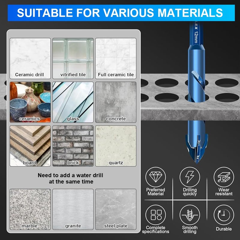 Serplex طقم مثاقب كربيد الأسمنت 8 قطع، 6 مم/8 مم/10 مم/12 مم لمثاقب البناء للخرسانة، الطوب، الحجر، البلاط السيراميكي، الزجاج، رأس مائل عالي الصلابة 1/4'' سداسي غير متوازن مثاقب دوارة - Image 5