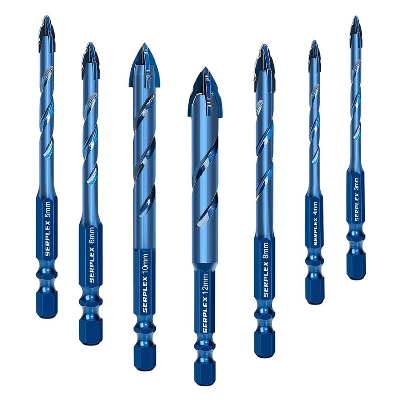 Serplex طقم مثاقب كربيد الأسمنت 8 قطع، 6 مم/8 مم/10 مم/12 مم لمثاقب البناء للخرسانة، الطوب، الحجر، البلاط السيراميكي، الزجاج، رأس مائل عالي الصلابة 1/4'' سداسي غير متوازن مثاقب دوارة - Image 1