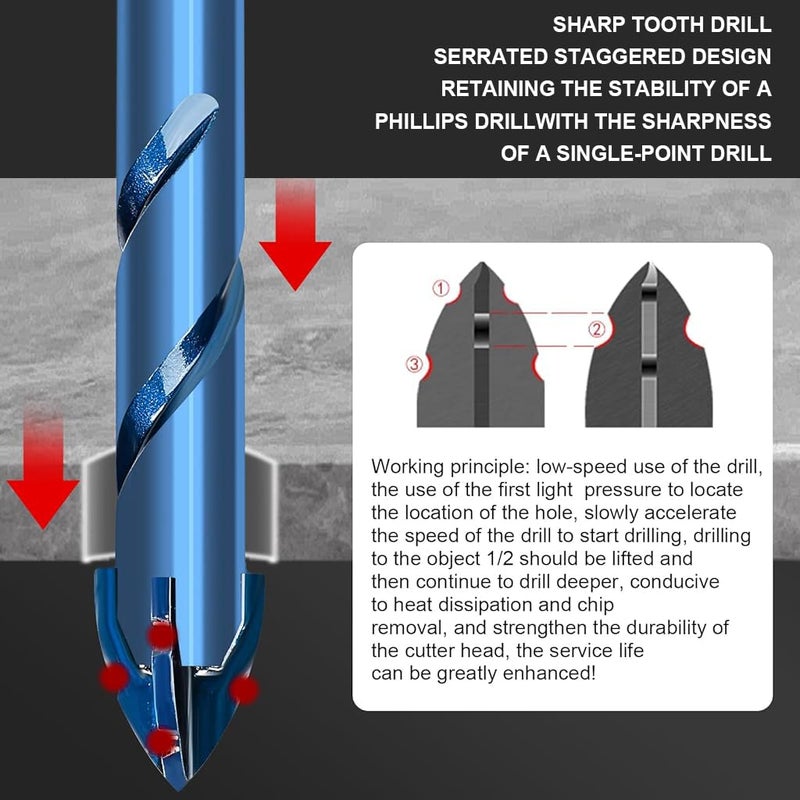 Serplex طقم مثاقب كربيد الأسمنت 8 قطع، 6 مم/8 مم/10 مم/12 مم لمثاقب البناء للخرسانة، الطوب، الحجر، البلاط السيراميكي، الزجاج، رأس مائل عالي الصلابة 1/4'' سداسي غير متوازن مثاقب دوارة - Image 3