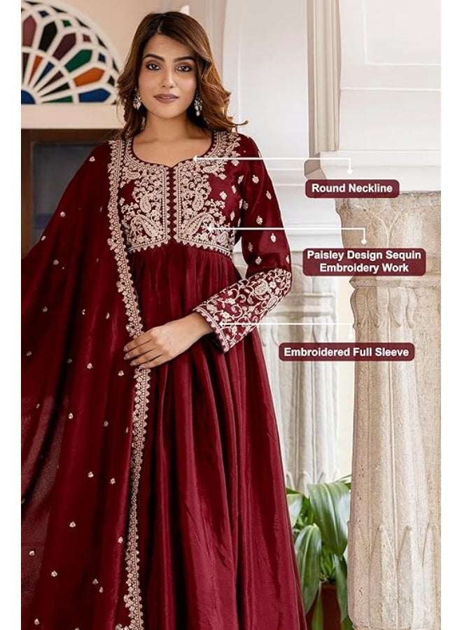 TRENDMALLS 3XL طقم أناركالي نسائي من مزيج الحرير، مطرز بالترتر، مع بنطال وشال (دوباتا) من تريندمالز - Image 3